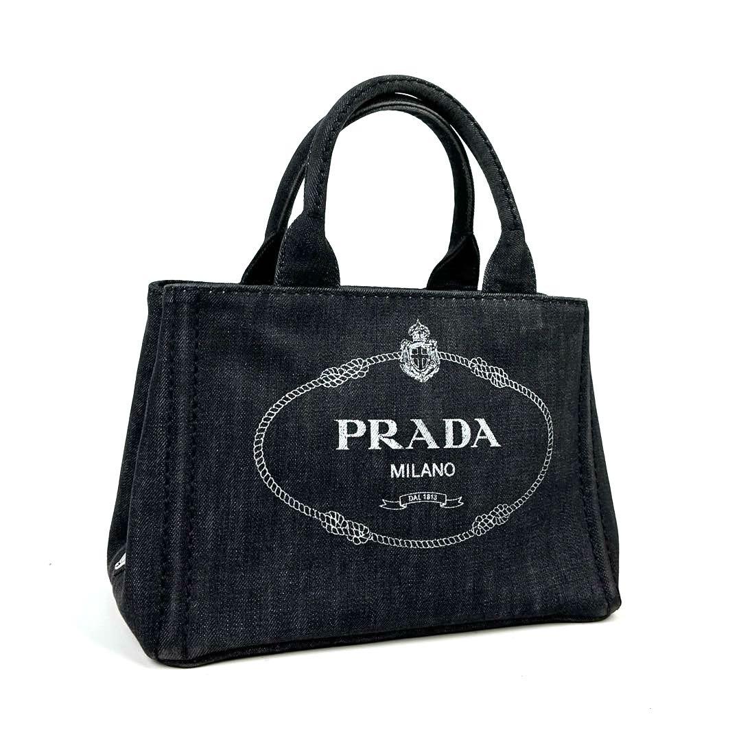 【美品】プラダ　カナパ　ハンドバッグ　三角ロゴ　シルバー金具　デニム　ブラック PRADA（プラダ） 美品 テスート 三角ロゴ ダークブラウン シルバー金具