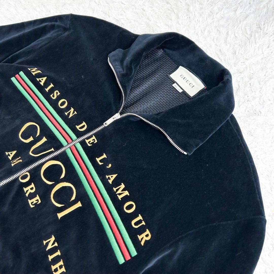 極美品！グッチ20SS刺繍ロゴシェニールベロアセットアップブルゾンXL